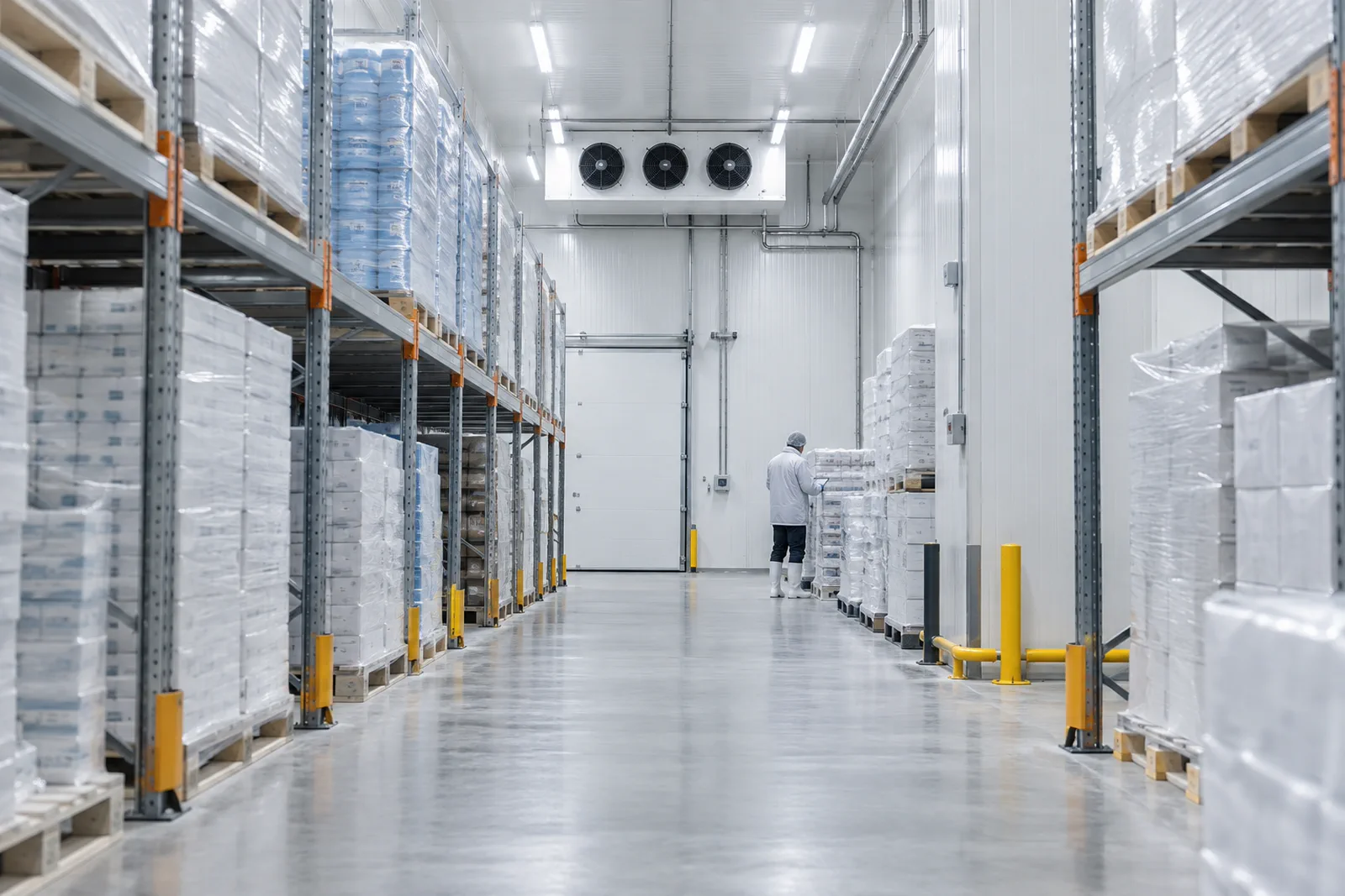 Pasillo de un almacén refrigerado con pallets, equipos de enfriamiento y una persona operadora.