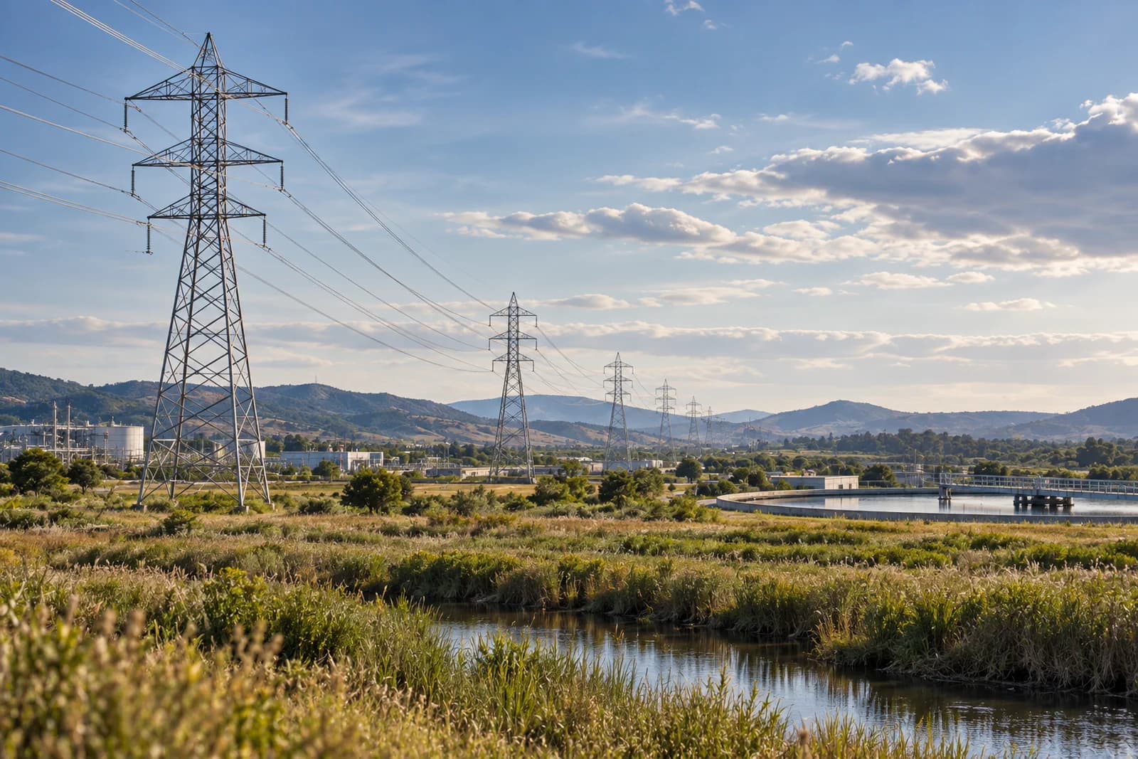 Corredor de transmisión eléctrica de alta tensión junto a una instalación de gestión del agua.