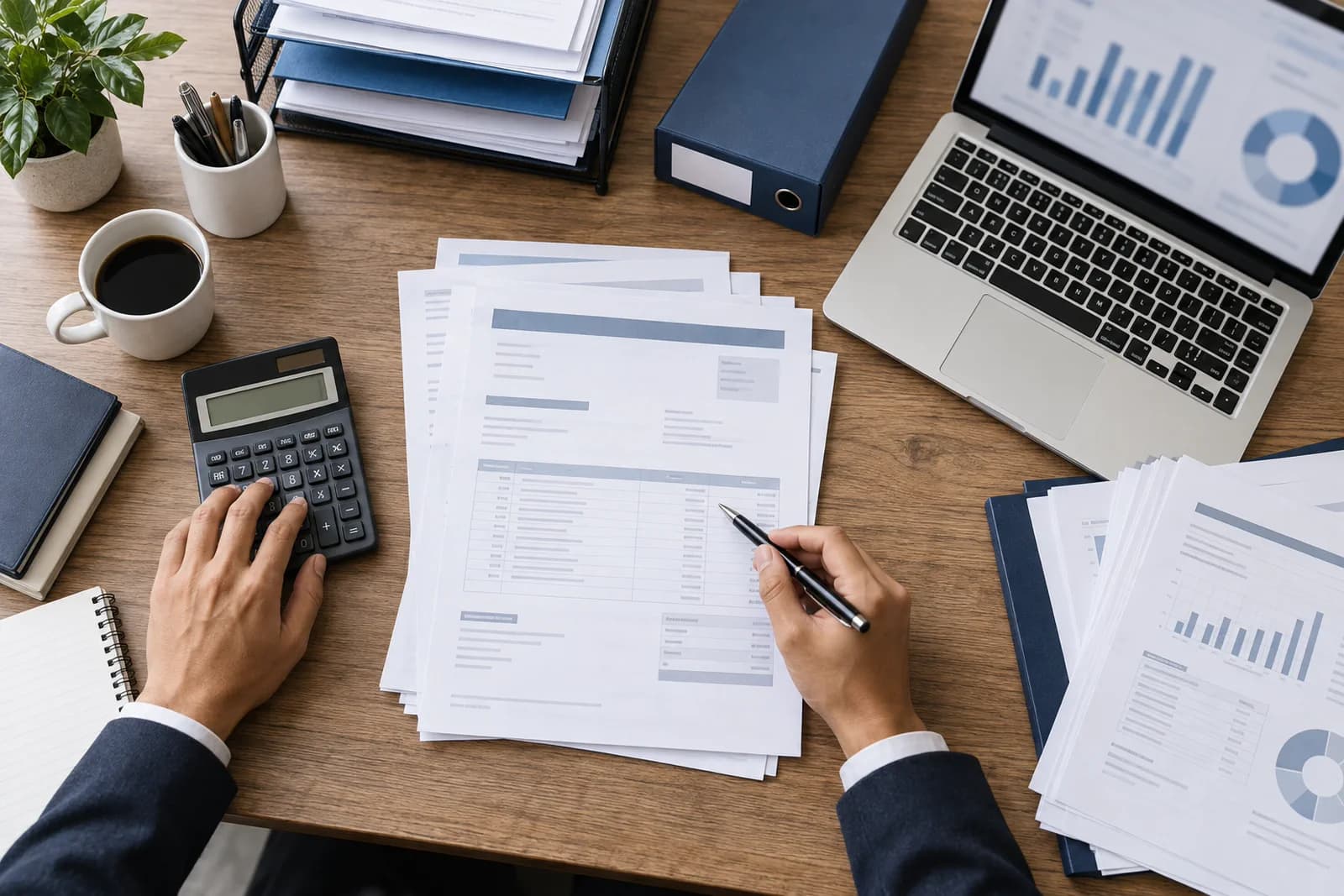 Analítica de conciliación, calculadora y laptop en una vista cenital.