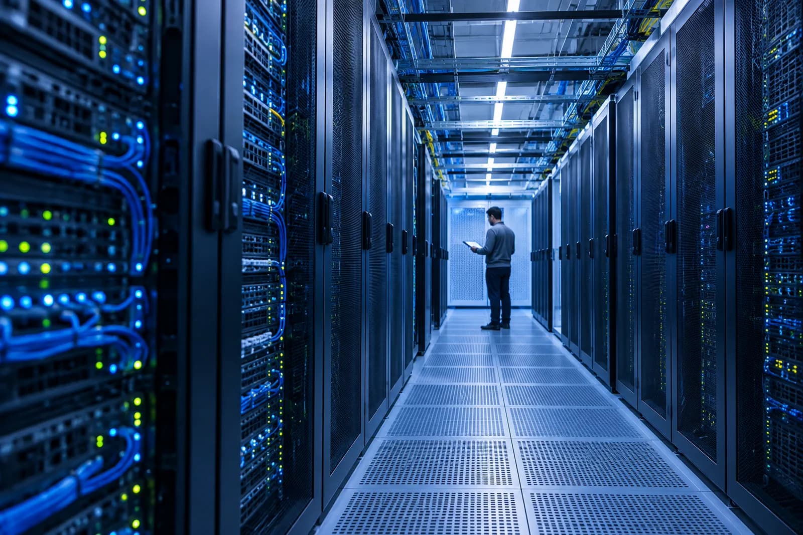 Técnico inspeccionando racks de servidores en un centro de datos iluminado en azul.
