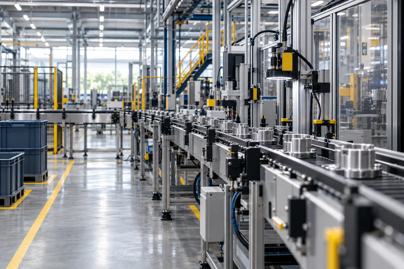Línea de producción industrial automatizada con transportadores y equipos de inspección.